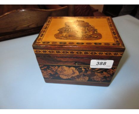 19th Century Tunbridge ware tea caddy, the cover decorated with children at play