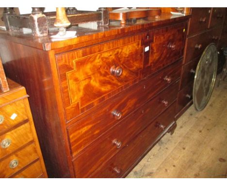 19th Century mahogany chest of four long drawers having inlaid and crossbanded fronts with knob handles, raised on ogee brack