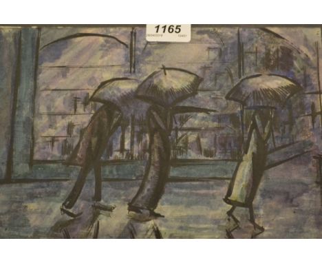 Harold Hope Read, watercolour a rainy street scene with figures holding umbrellas, 7.5ins x 11ins, together with another, fig