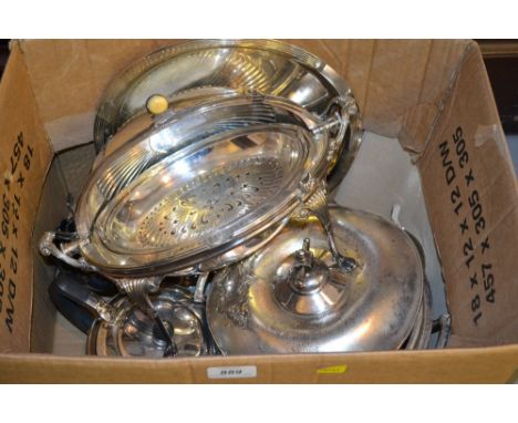 Oval silver plated bacon dish, plated tea service and a quantity of other plated items