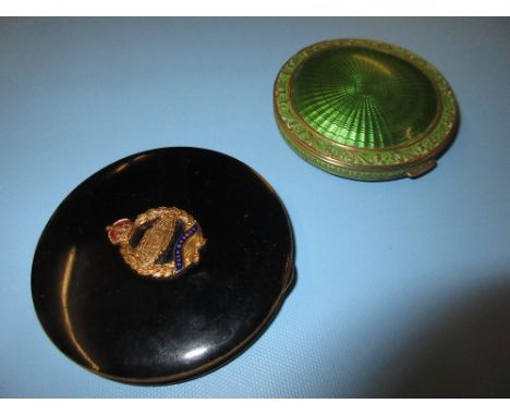 Compact mounted with a ' Fear Nought ' military badge and a ladies circular green enamel compact