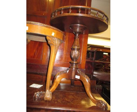 Reproduction mahogany circular pedestal wine table with galleried top together with a circular oak coffee table and an oak th