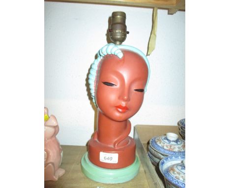 Art Deco free standing bust lamp by Goldscheider on a turned and painted wooden plinth, 13.5ins high