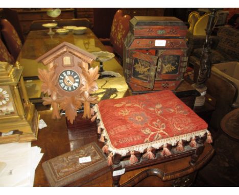 Mid 20th Century German cuckoo clock, Japanese lacquer table cabinet, rectangular stool and a carved wooden box