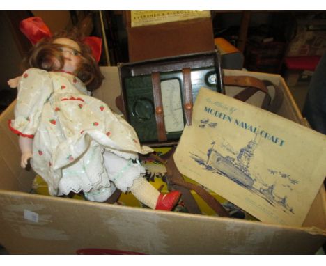 Boxed Pelham puppet, doll, jigsaw, miscellaneous cigarette cards, green Bakelite cased electrical meter and a brown Bakelite 