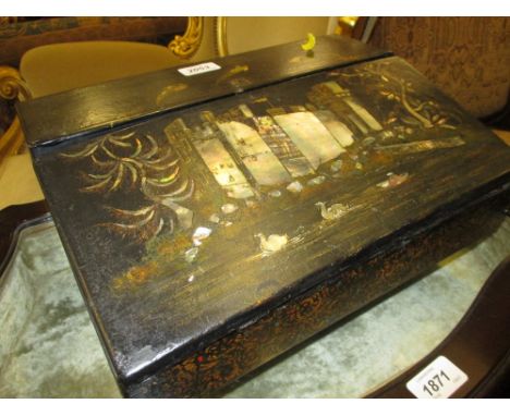 19th Century writing slope having mother of pearl inlay depicting a castle