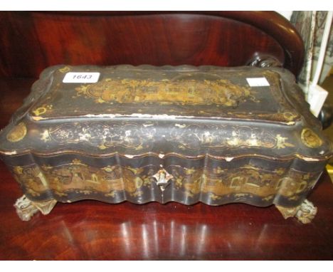 19th Century Chinese lacquered and gilded papier mache gaming box containing small trays and mother of pearl counters
