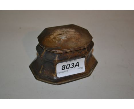 Birmingham silver inkwell of octagonal form, the cover engraved Kent Yeomanry 1950 / 1953 (hinge a/f)