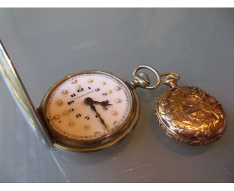 14ct Yellow and rose gold cased fob watch, the case engraved with gilding and high relief floral and bird decoration having a