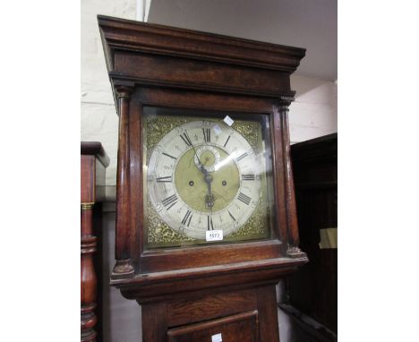 18th Century oak longcase clock, the square hood with a moulded cornice above a rectangular panelled door on a plinth base, t