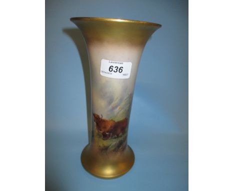 Royal Worcester vase hand painted with Highland cattle in a landscape, signed Stinton, 9ins high