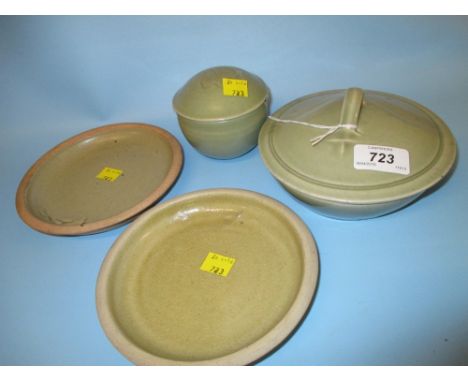 Two St. Ives Leach pottery celadon ware covered jars and two shallow dishes