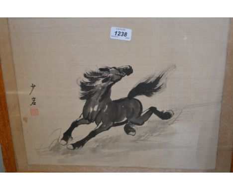Four various Chinese pictures on linen together with three small scroll pictures