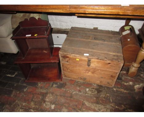 19th Century pine box with iron clasp and a mahogany three shelf wall bracket