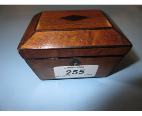 19th Century miniature olive wood and ebony line inlaid sarcophagus shaped tea caddy with covered single section interior