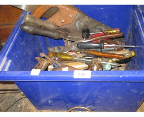 Box containing a quantity of various woodworking tools including a Record plane etc