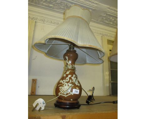 Chinese gourd shaped floral decorated vase / lamp base on hardwood stand (converted) with a 1920's silk shade (a/f)
