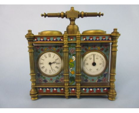 Reproduction cloisonne and brass dual carriage clock / barometer