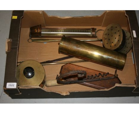 Miscellaneous brass Trench Art, a brass skimmer, thermometer, toasting fork and chestnut roaster