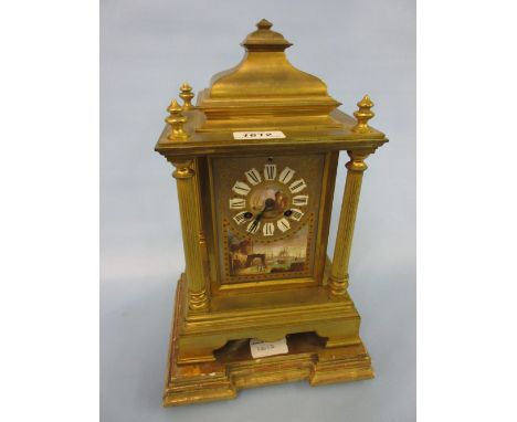 19th Century French ormolu and porcelain mantel clock, the dial with Roman numerals and painted with a coastal scene with sim