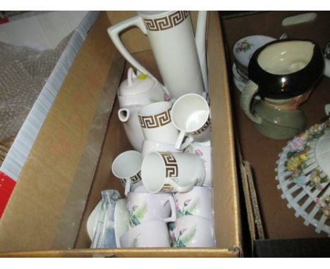 Carltonware coffee service relief moulded with flowers on a pink ground, together with a Portmeirion Key pattern part coffee 