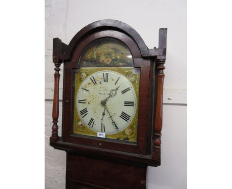 George III oak mahogany crossbanded longcase clock, the arched hood above panel door and plinth base with low bracket support