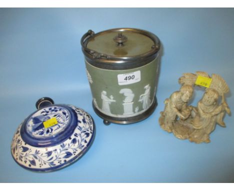 Wedgwood green Jasperware biscuit barrel with plated mounts, a soapstone carving and a blue and white pottery flask