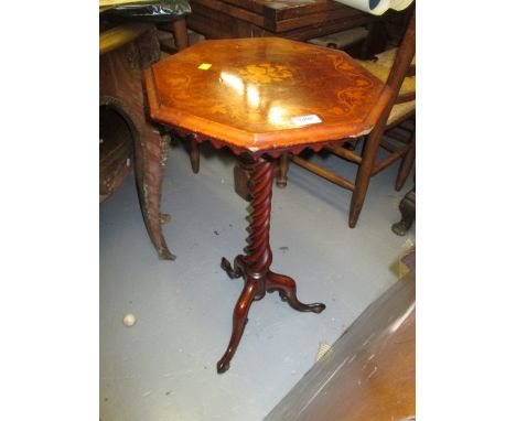 Victorian octagonal figured walnut and floral marquetry inlaid wine table, raised on a spiral twist centre column and tripod 