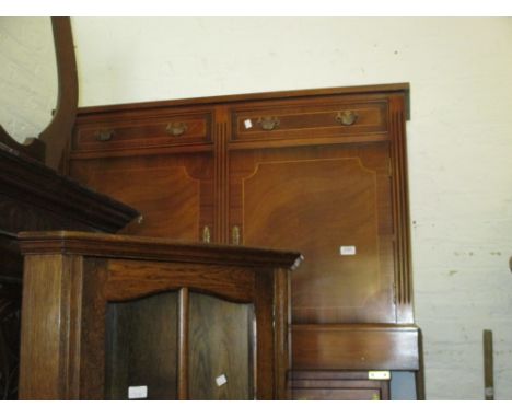 Reproduction mahogany and line inlaid side cabinet together with a pair of similar lamp tables and a nest of three tables
