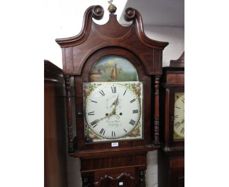 19th Century mahogany longcase clock, the broken arch hood with swan neck pediment above a shaped panelled door and conformin