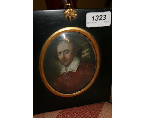 19th Century miniature watercolour on ivory, portrait of William Shakespeare, in a gilt metal and ebonised frame, 4ins x 3.75