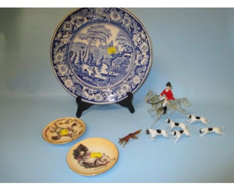 Italian glass model hunting set with huntsmen, dogs and fox and two Brownie Dowling dishes