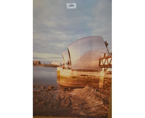 Set of three large gilt framed format photographs of the Thames Barrier together with a 20th Century abstract print, signed W