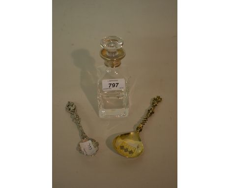 Continental silver gilt spoon with armorial engraved ovoid bowl and figural handle, a silver mounted Millennium 2000 whisky d