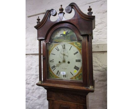 George III oak longcase clock having painted arch top dial decorated with a huntsman on horseback, the dial with Roman numera