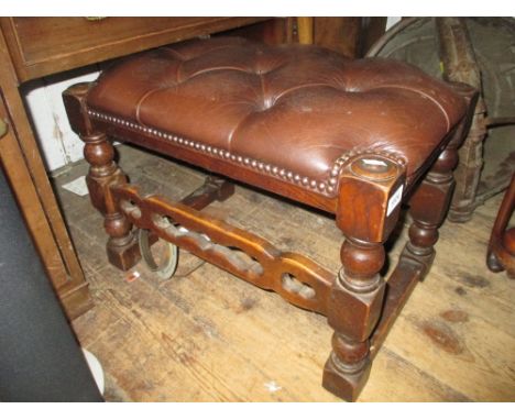 20th Century oak brown button leather upholstered rectangular stool on turned supports