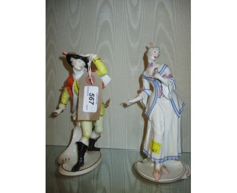 Continental porcelain figure of a man in period costume brandishing a dagger together with a similar figure of a girl wearing