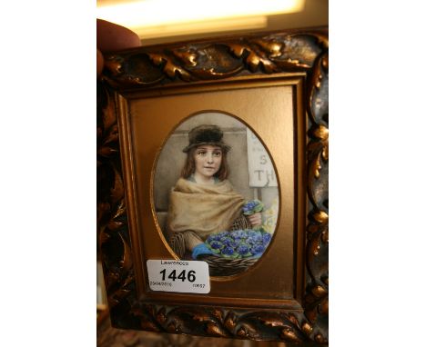 Miniature portrait, painting study of a young lady with a basket of violets, inscribed verso, ' Penny a Bunch ', monogrammed 
