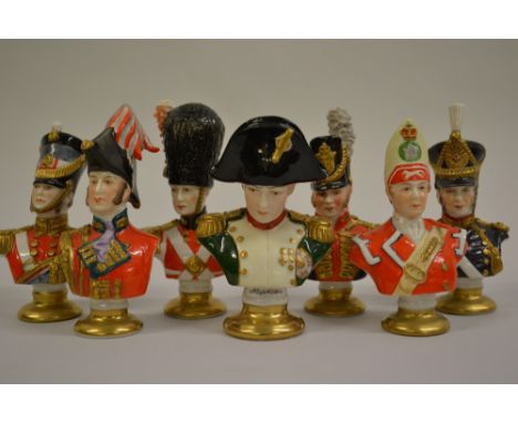 Set of eighteen Sitzendorf / Rudolstadt porcelain busts of Napoleonic officers, varying heights, approximately 4 - 5ins each