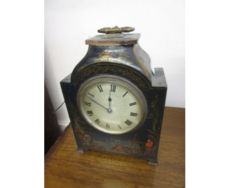 Early 20th Century blue lacquered chinoiserie decorated mantel clock having circular engine turned dial with Roman numerals o