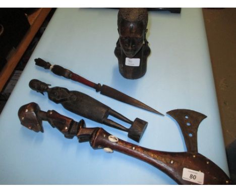 Four various West African carved wooden items including a hand axe