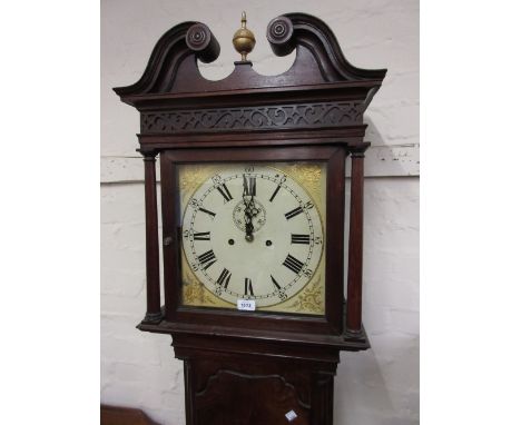 Early 19th Century mahogany longcase clock, the square hood with swan neck pediment and blind fretwork decoration above a sha