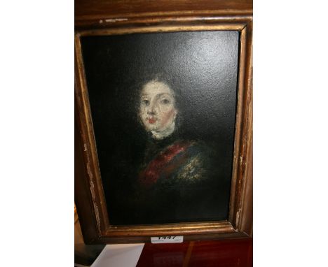 Oil on panel, half length portrait of an 18th Century gentleman in a blue tunic with red sash, landscape oil sketch verso, 8i