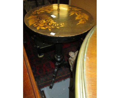 Unusual 19th Century mauchline ware circular tripod table, the top decorated with ferns and leaves