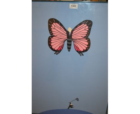 Late 20th Century screen print, caricature of a man catching a butterfly, monogrammed E.A., inscribed C. Folatie, another scr