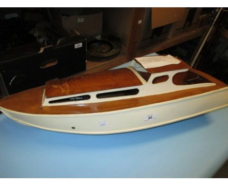 Painted wooden model ' Fisherman ' motor launch with 1.2cc Mills water cooled diesel engine