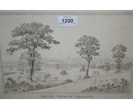 Late 18th / early 19th Century print of old Reigate, a South view overlooking Reigate Priory and Reigate Castle with castle g