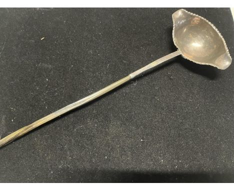 A antique hallmarked provincial silver toddy ladle with twisted horn handle (slight split to horn), maker unknown 