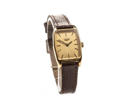 LADY'S LONGINES GOLD PLATED MANUAL WIND WRIST WATCH, signed Longines movement, the champagne dial with applied baton hour mar