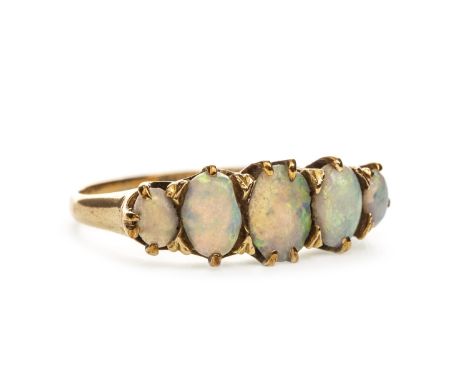 OPAL FIVE STONE RING, set with oval shaped graduated opals, marked 18ct, size N, 2.9g